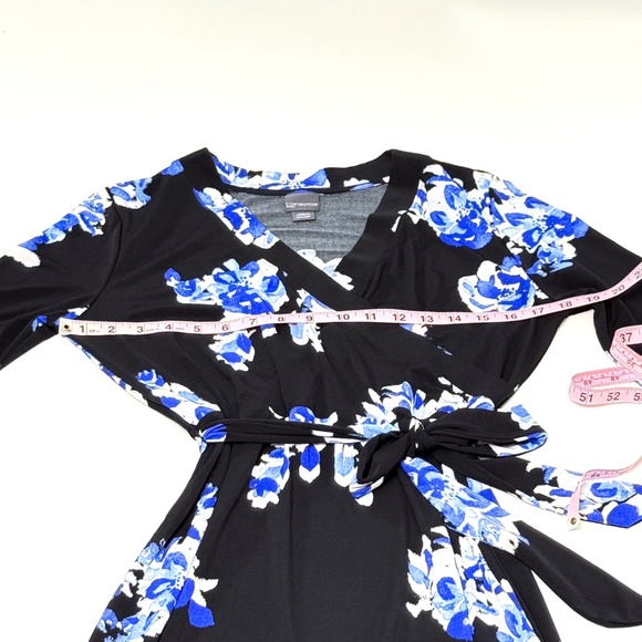 Covington Black & Blue Floral Tie Waist V-Neck Dress Medium Petite 🌸🖤💙 - Picture 8 of 15